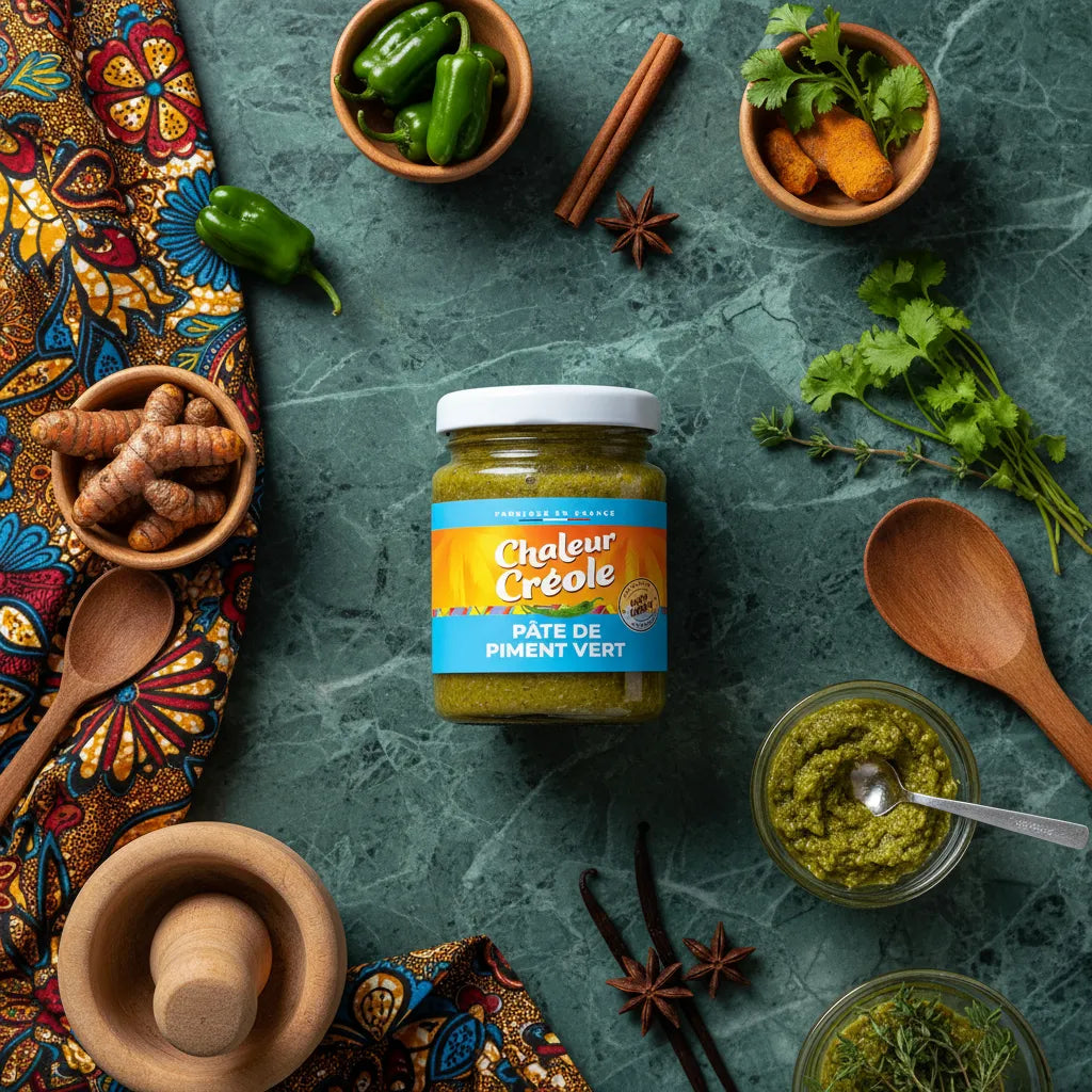 Pâte de piment vert Chaleur Créole entourée d'ingrédients frais comme curcuma, coriandre et piments - Condiment savoureux créole.